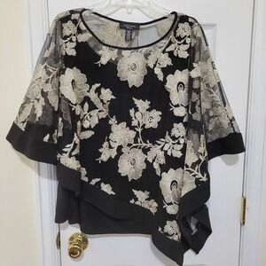 RM Richards Womens 18W Black Floral Embroidered Poncho Overlay Blouse